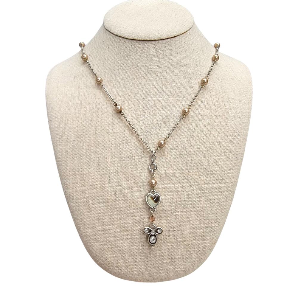 Brighton Silver Tone Faux Pearl Crystal Heart Y Drop Lariat Charm Necklace